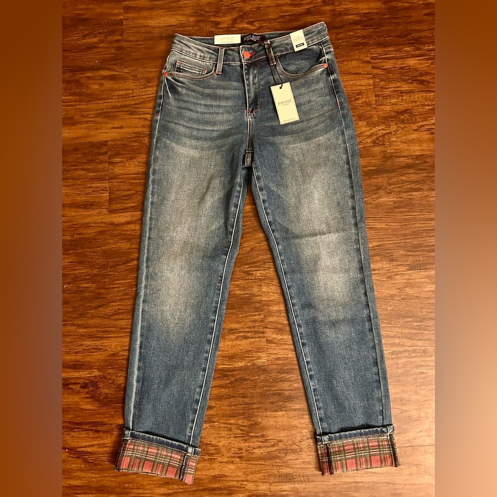 Judy Blue Jingle All The Way Boyfriend Jeans, red-and-green cuff
